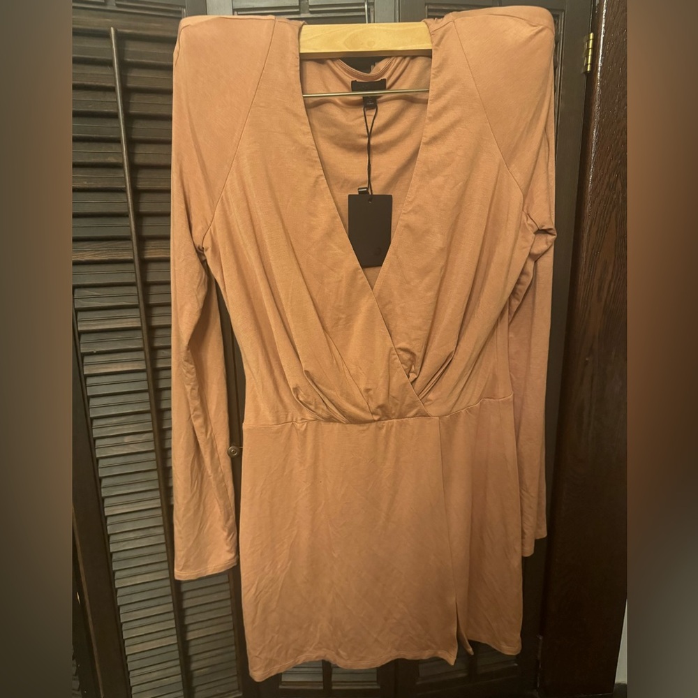 NBD, new with tags, size small, beige, neck mini dress